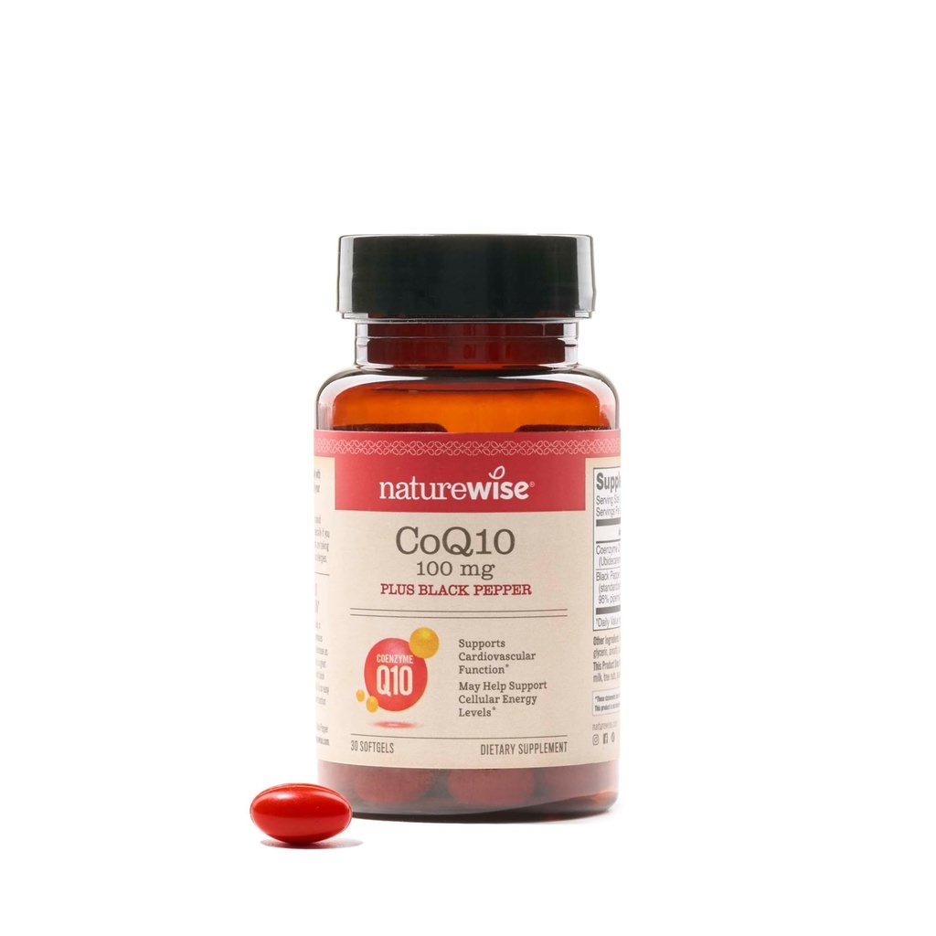 Naturrewise CoQ10 100mg + Black Pepper Softgels - High Absorpsi Koenzim Q10 + Black Pepper - Antioksidant for Heart Health + Cellular Energy - Vegan, Non- GMO, Gluten- Free - 30 Count [30- Day Suppply]