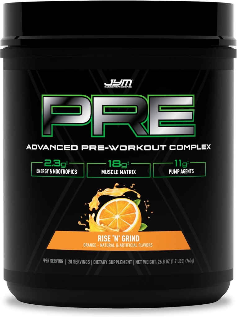 Pra JYM X Rise N 'Grind Advanced Precyout Powder Massive Pumps, Citruline Nitrate, Dynamine, NO3T Betaine, BCAA' s, Nootropics, Creatine - Alanine, JYM Suppplemen Sains, 20 Servis