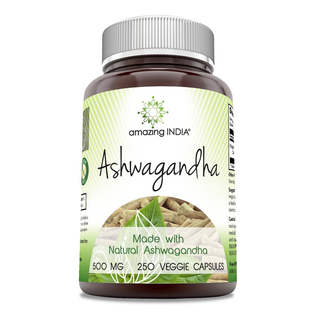 Amazing India Natural Ashwagandha 124; 500 Mg Per Serving 12.4; Veggie Capsules 14; Non-GMO 124; Gluten Free 124; Dibuat di USA (250)