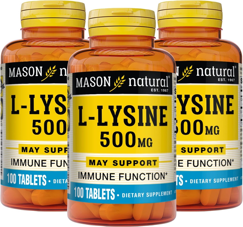 MASON NATURAL L-Lysine 500 mg dengan Kalsium - Peningkatan Fungsi Imunitas, Kepadatan Nuklir, Aksis EsculAmino, 100 Tablet (Paket 3)
