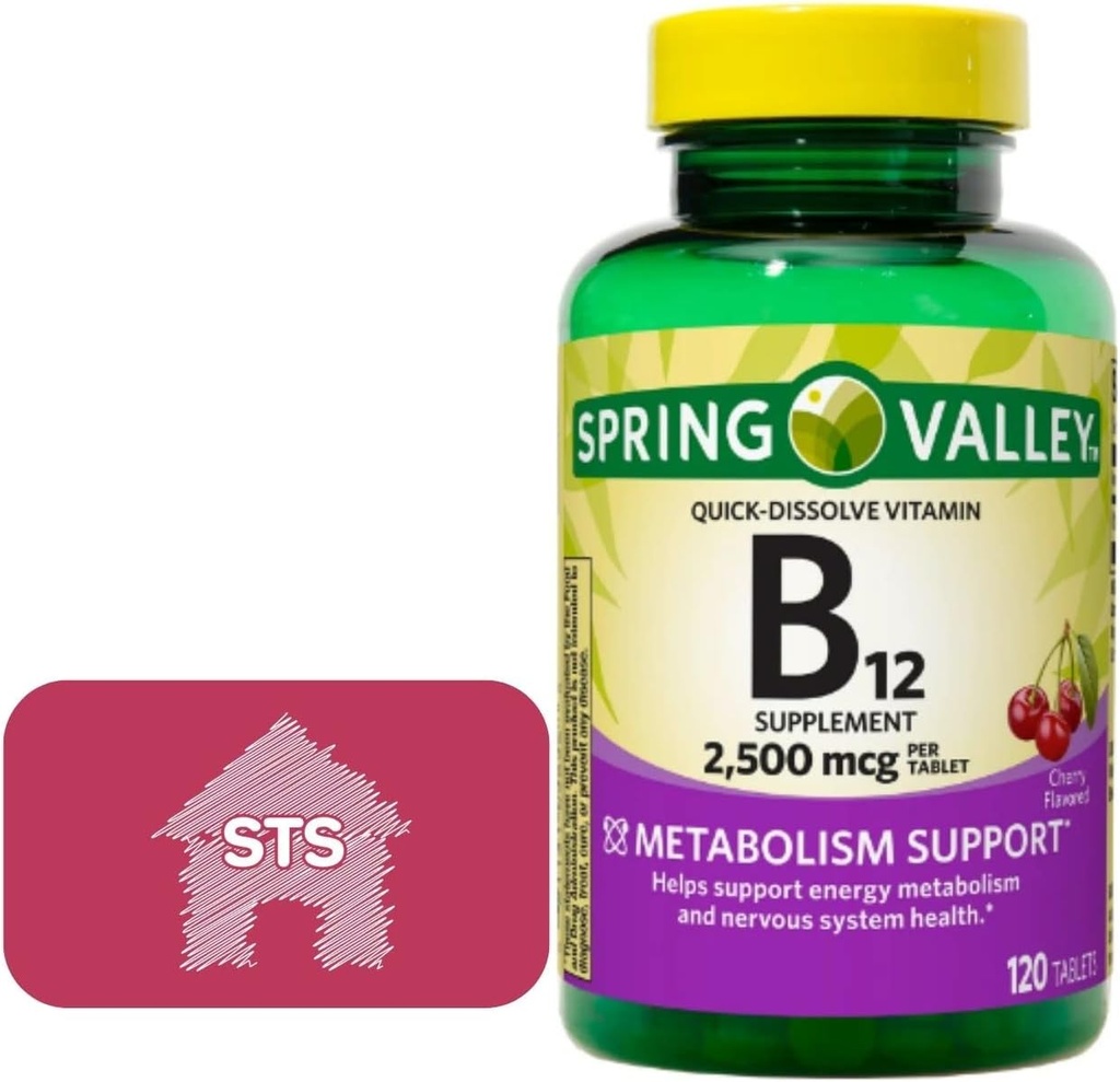 Spring Valley - Vitamin B12 Quick- Dissolve Tablet, 2.500 mcg, Cherry Flavor, 120 Count + STS Sticker.