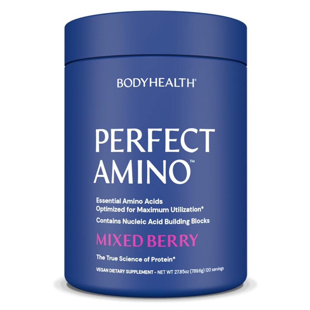 BodyHealth PerfectAmino Powder - BCAA dan bedak EAA untuk Pra dan Post Workout - Amino Acid Energy Minuman untuk Pria dan Perempuan untuk Mendukung Lean Muscle dan Recovery - Dicampur Berry - 120 Servis