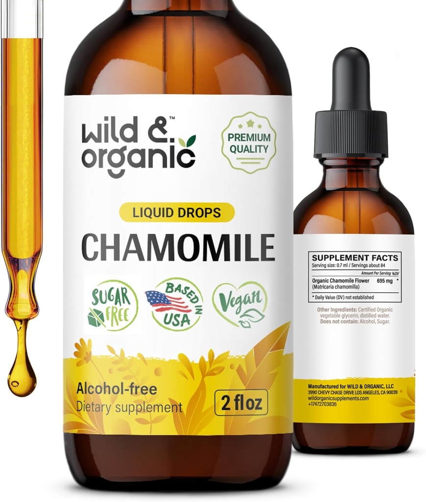 Wild & Organic Chamomile Tackle - Relaxing & Calming Chamomile Suplemen - Liquid Flower Extract Drops - Vegan, Sugar & Alcohol- Free - 2 fl oz