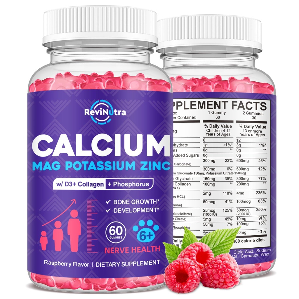 Kalsium Potasium Magnesium Gummies untuk Anak-anak & Dewasa, dengan Hydrolyzed Collagen, Zinc, Phosfor, Multivitamin untuk Tidur, Kekuatan Tulang, Dukungan Density, Gula Bebas, Raspberry 60 Gummies
