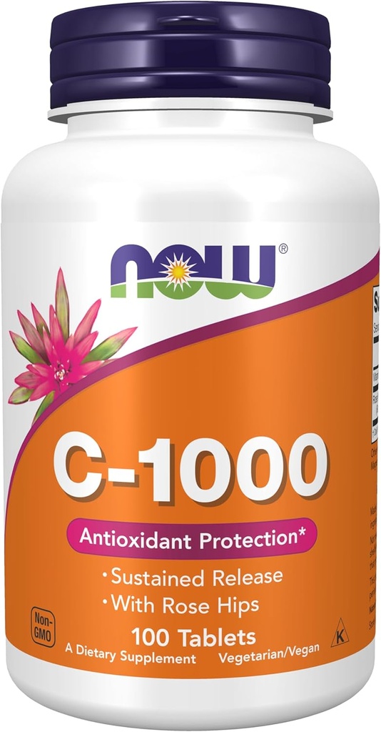 Suplemen NOW Foods, Vitamin C-1.000 dengan Rose Hips, Rilis Terus-menerus, Perlindungan Antioksidan *, 100 Tablet