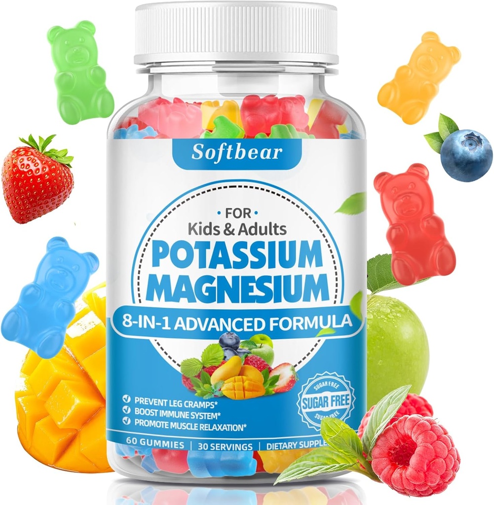 S0Tbear Potasium Gummies untuk Orang Dewasa Tinggi Potassium Magnesium Tambahan dengan Vitamin B6 CoQ10 untuk Krisis Kaki & Otot Kesehatan Sugar- Vegan Bebas Mencampur Fruit Flavor 60 Gummi
