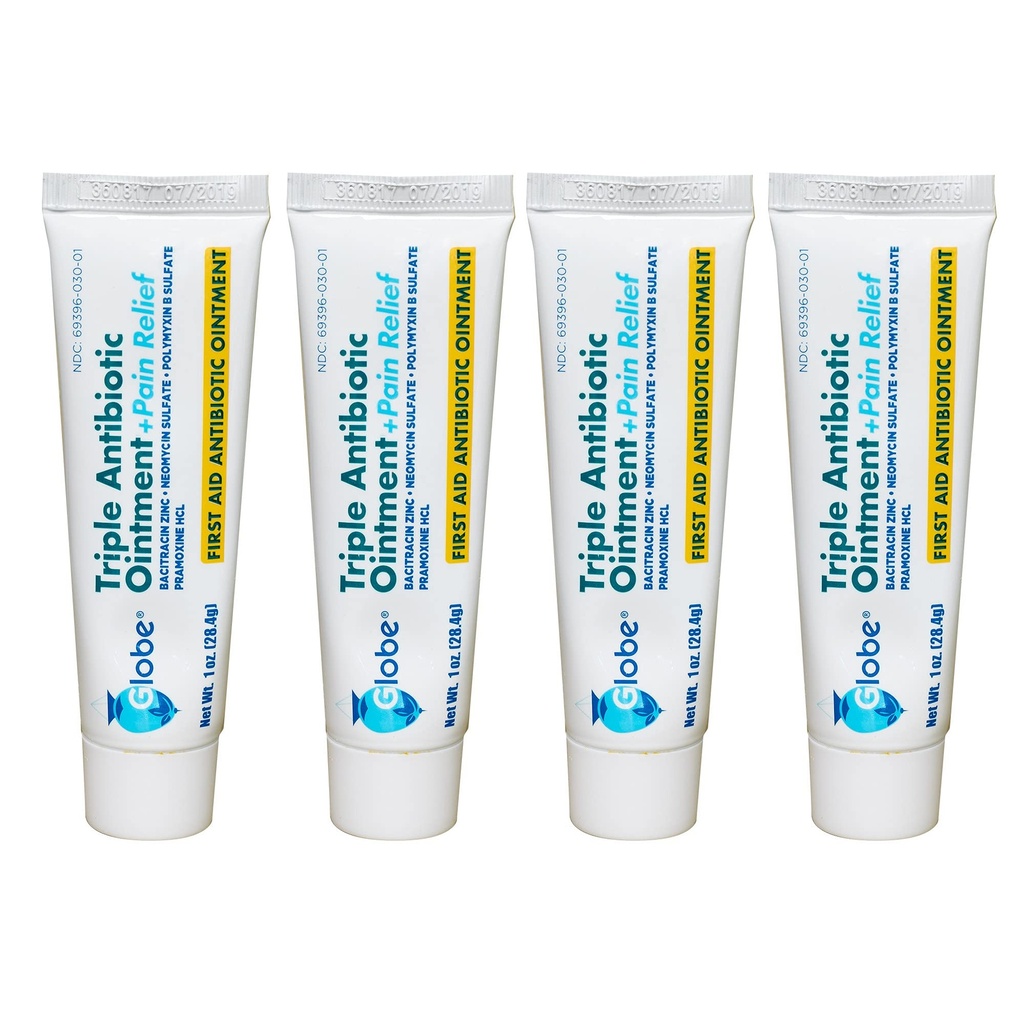 Globe (4 Pack Antibiotic Triple + Pain Relief 1oz, Aid Antibiotic, Soothes Pain, Cuts, Burns and Scrapes 24 Hour Infeksi Protection