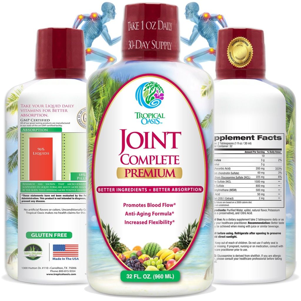 Tropical Oasis Complete Premium - Liquid Joint Suplement with Liquid Glucosamine Sulfate, Chondroitin, MSM & Hyaluronic Acid - 96% Max Absorption- 32oz, 32 serv, 33484
