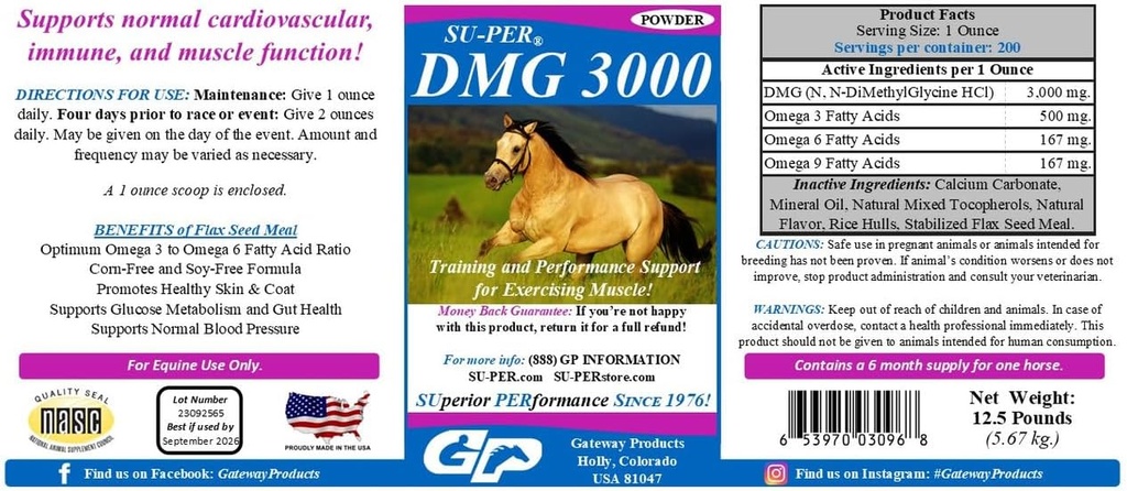 SU-PER DMG 3000 Supplemen Kuda - Pelatihan & Performance Dupder - Support Normal Cardiovascular Ammune & Muscle Fungsi - 12,5 Pounds, 6 Bulan Suppply