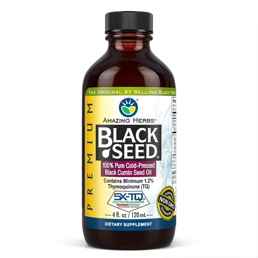 Amazing Herbs Premium Black Seed Oil - Gluten Free, Non GMO, Cold Menekan Nigella Sativa Aids in Digetical Health, Imune Dukungan, Fungsi Otak - 4 Fl Oz