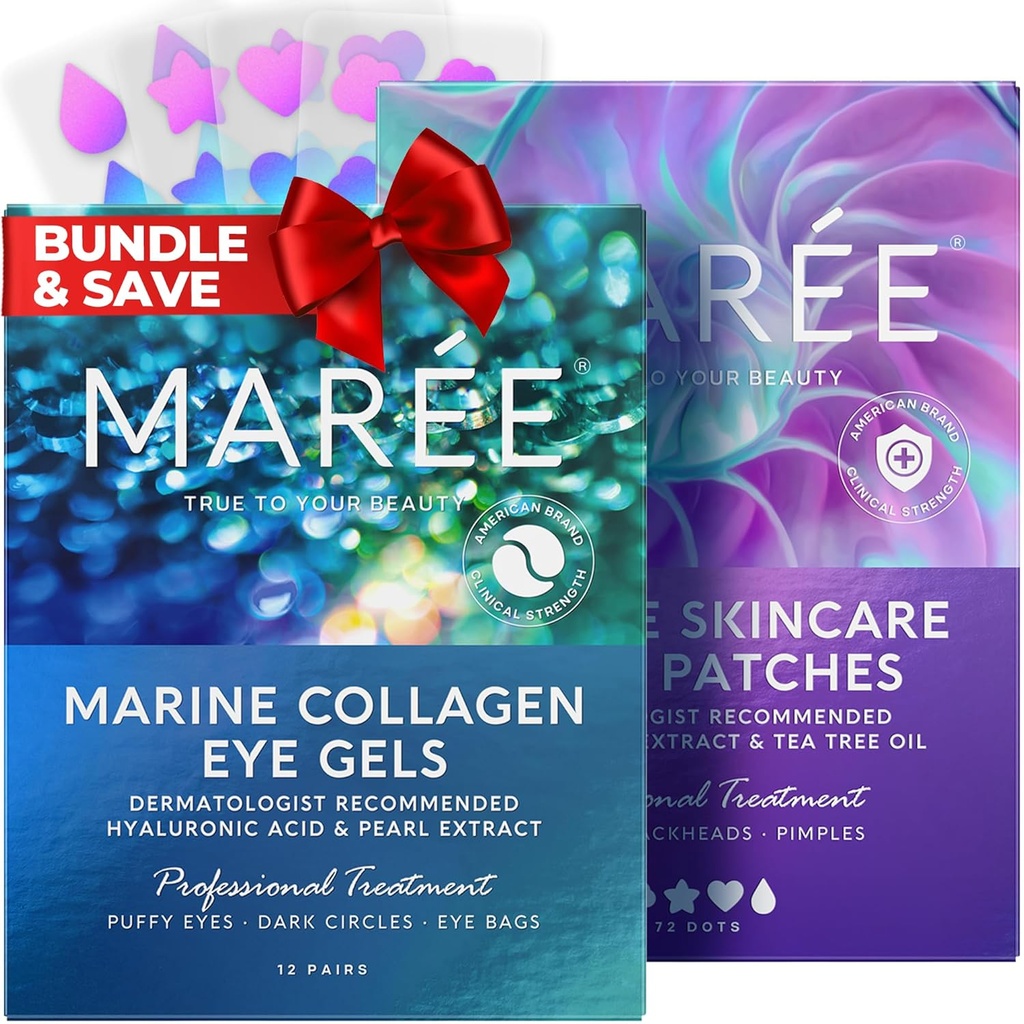 MAREE Eye Gels & Acne Sponring Devices Bundle - Under Eye Gels for Puffy Eyes and Dark Circles, Hydrocolloid Acne Therapy Device - Marine Collugen & Hyaluronic Acid, Green Algae Extract & Tea Tree Oil