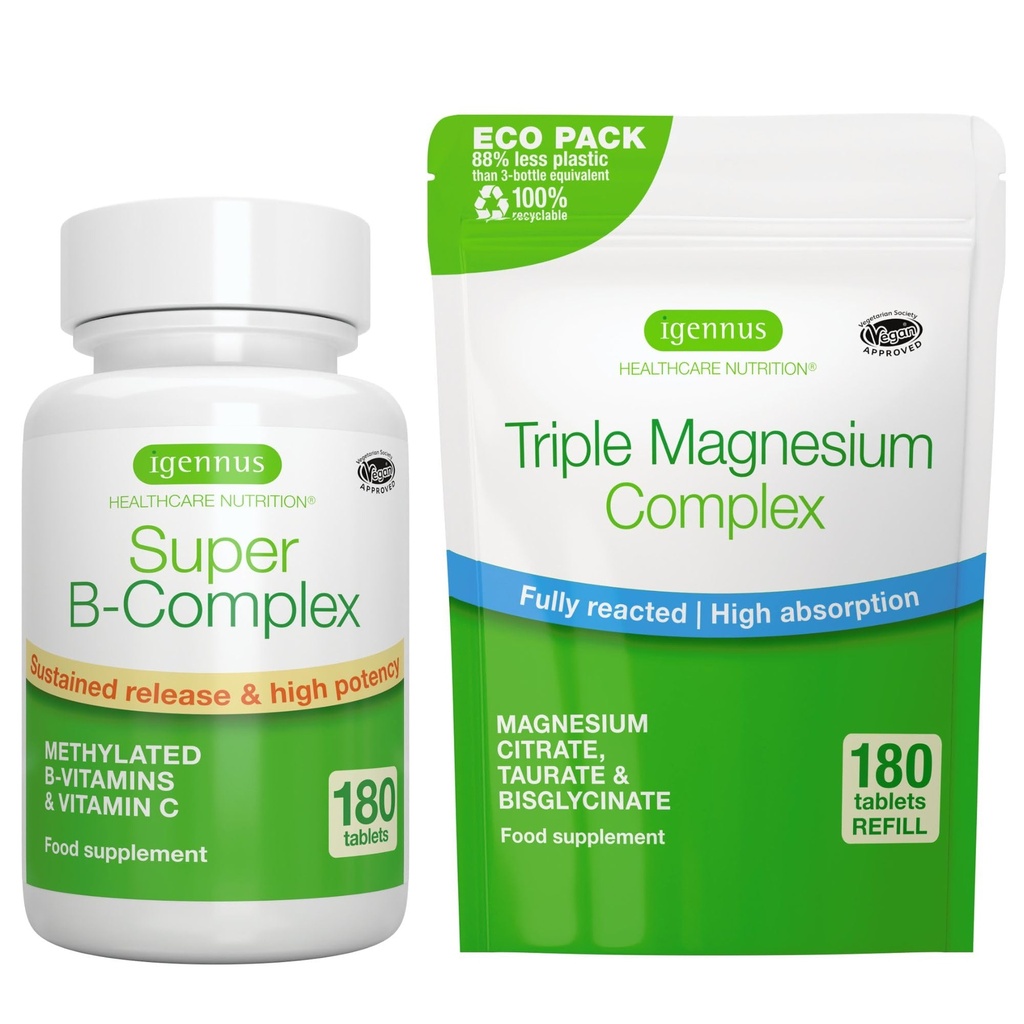 Super B- Kompleks 180 Tablet + Triple Magnesium Kompleks 180 Tablet Vegan Bundle, Methoylated Rilis B Kompleks + High Absorpsi Melanjutkan Magnesium Glycinate, Taurate & Citinus, oleh Igennus