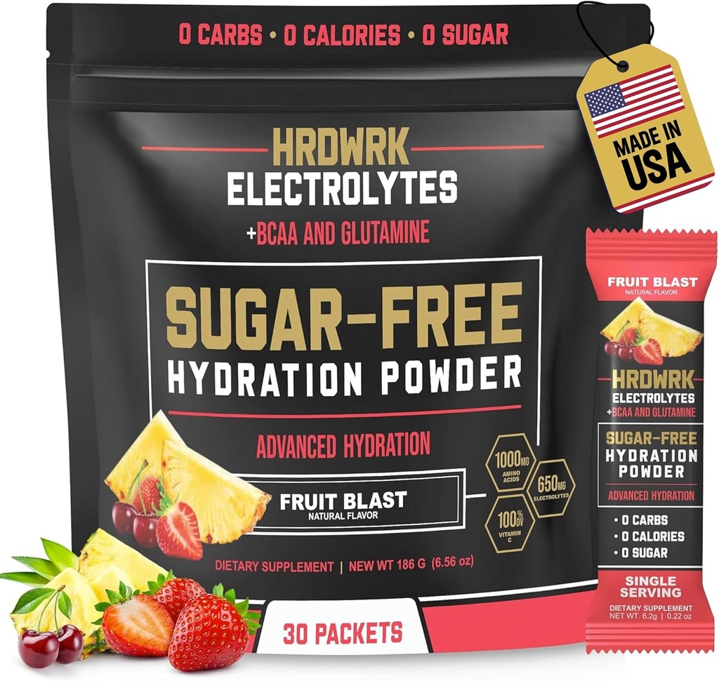 HRDWRK Electrolytes Powder Pawder dengan Magnesium, Potasium Sodium, Keto Hydration - BCAA Electrolite Powder Pawder Packet with Glutamine, 30 Electrolites Powrents Sugar Free (Fruit Blast)