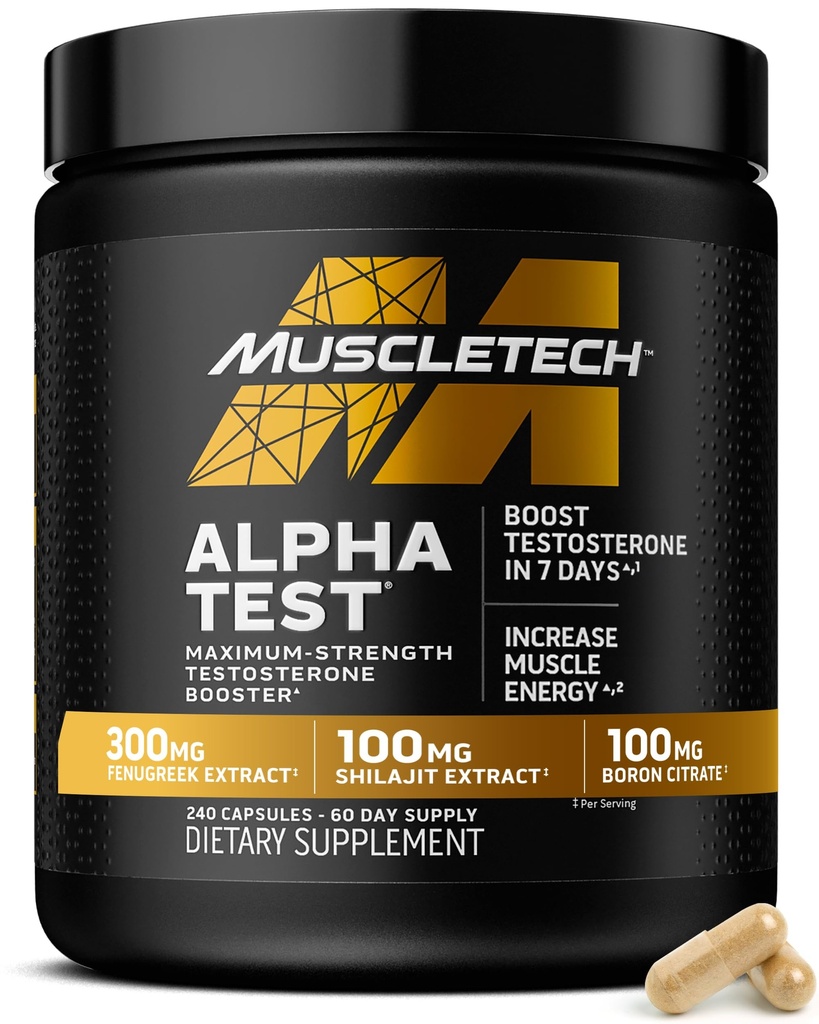 MuscleTech Testosterone Booster for Men, AlphaTest - T-Boost Sens Suplemen dengan Tribulus Terrestris & Boron - Perbaikan Pria Harian Gym untuk Pertumbuhan Otot, Stamina & Energi - 240 Pil