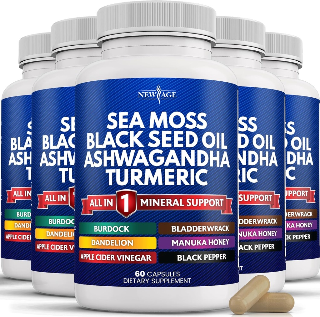 New Age Sea Moss Black Seed Oil Ashwagandha Turmeric Bladderwrack Burdock dengan Manaka, Honey Dandelion, ACV Black Pepper Gluten Bebas