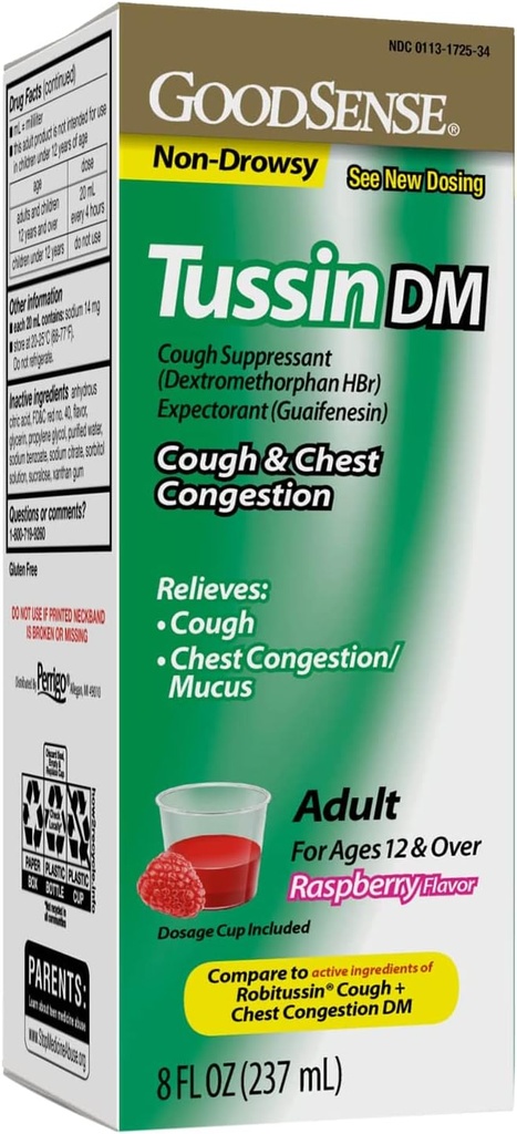 GoodSense Tussin Cough Syrup DM, Raspberry Flavor, Effective Relief for Cough and Chest Contrable, Thins Mucus, 8 Fl Oz