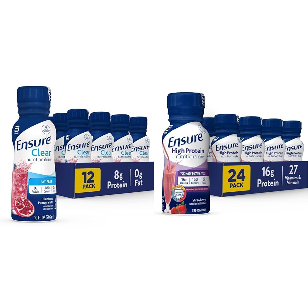 Pastikan Liquid Clear Nutrition Drink, 0g fat, 8g protein, Blueberry Pecaciate, 10 Fl Oz (Kemasan 12), Botol, bebas gluten & Ensure High Protein Strawberry Nutrition Shake, 24 Pack