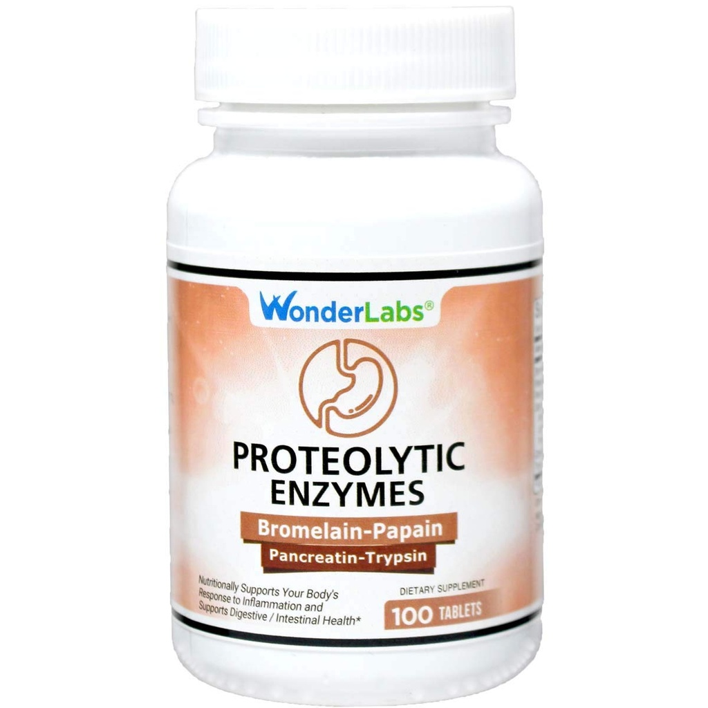 Laboratorium Wonder Protolytic Enzymes 124; Bromelain Papain Pankretin Trapysin 550 mg Total dengan Standardied Amylase, Lipase, dan Protease, 100 Tablet