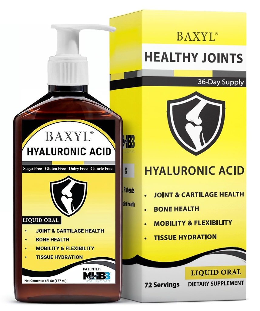 BAXYL ® - Liquid Hyaluronic Acid for Joint Relief Suplement (Vegan, Gluten- Free, None-GMO, Paten Oral MHB3) Acid 124; 6 Oz, 36 Day Suppply