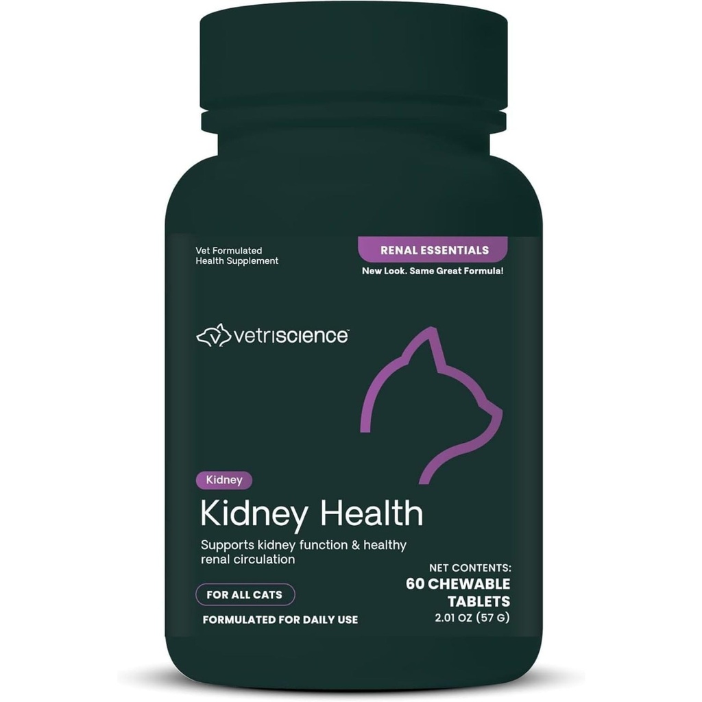 VetriScience Kidney Health Tablet, Renal Essentials Supplement for Cats, Ginney Care and Support with Mushroom, Astragalus Root, Nettle Benih dan Herbs, Chicken and Fish, 60 Count