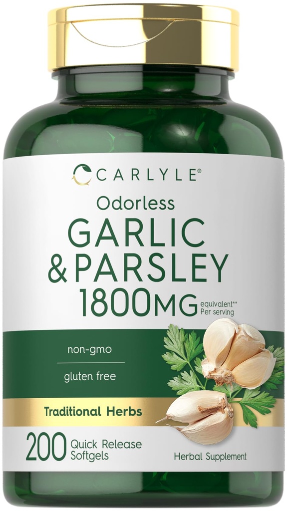 Carlyle Odorless Bawang putih & Parsley 1800mg 124; 200 Softgels 14; Non-GMO, Gluten Free Suplemen