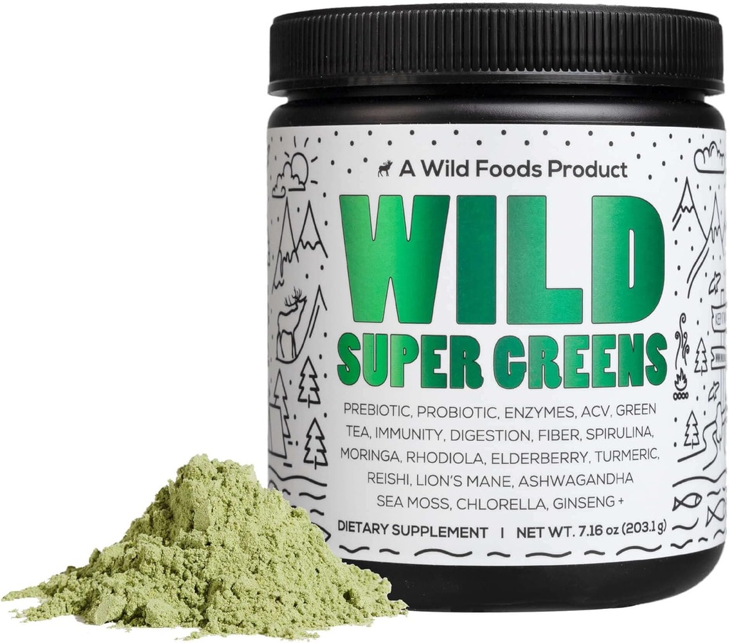 Wild Foods Raw Super Greens Powder Daily Juice Drines with Progories and Digetical Enzyme Blend - Whole Food Sourced, 46 Plant Based Nutrients, Non-GMO, Spirulina, Chlorella, Wheatgrass (30 Pelayan)