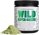 Wild Foods Raw Super Greens Powder Daily Juice Drines with Progories and Digetical Enzyme Blend - Whole Food Sourced, 46 Plant Based Nutrients, Non-GMO, Spirulina, Chlorella, Wheatgrass (30 Pelayan)