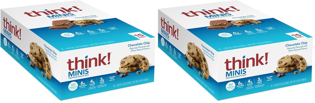 berpikir! MinIS Protein Snack Bars, Gluten Free, Chocolate Chip, 15 Count (Paket 2)