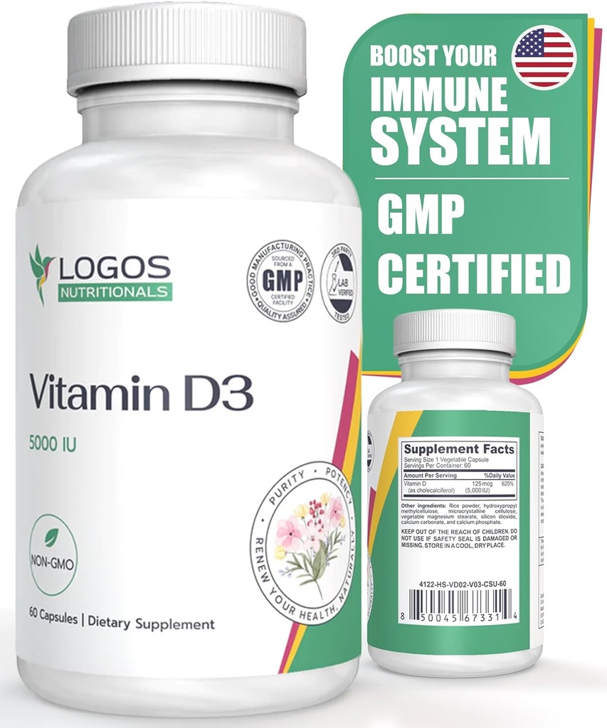 Vitamin D3 Suplemen - Vitamin D-5000 IU - Dukung Bones, Gigi, Otot, Kardiovaskular, dan Fungsi Imune - Bebas, Soy- 60 Kapsul