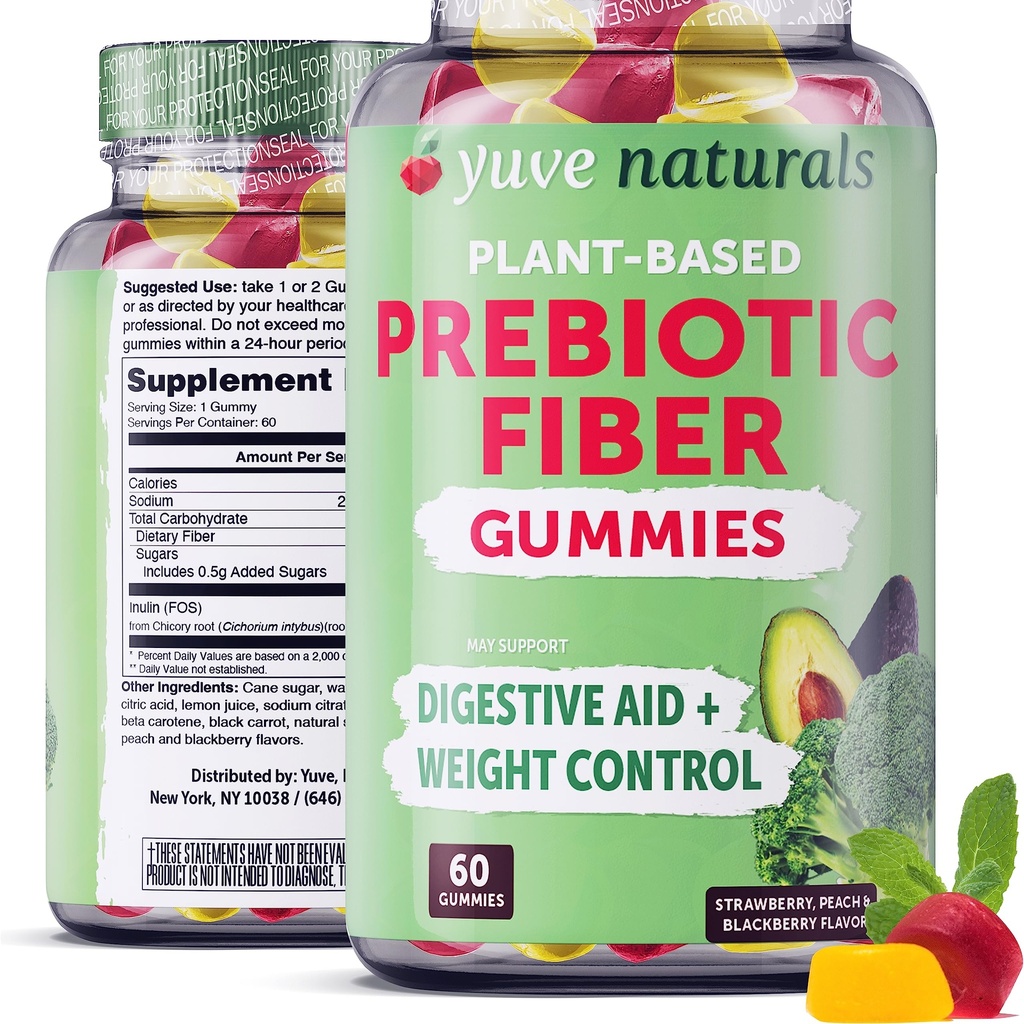 Yuve Prebiotic Fiber Gummies - Delicious - 3g Soluble Fiber Suplement - Support Digetical Health & Regularity - Vegan & Gluten- Free Fiber Gummies for Dewasa & Kid - Non-GMO & Low Sugar - 60 Count