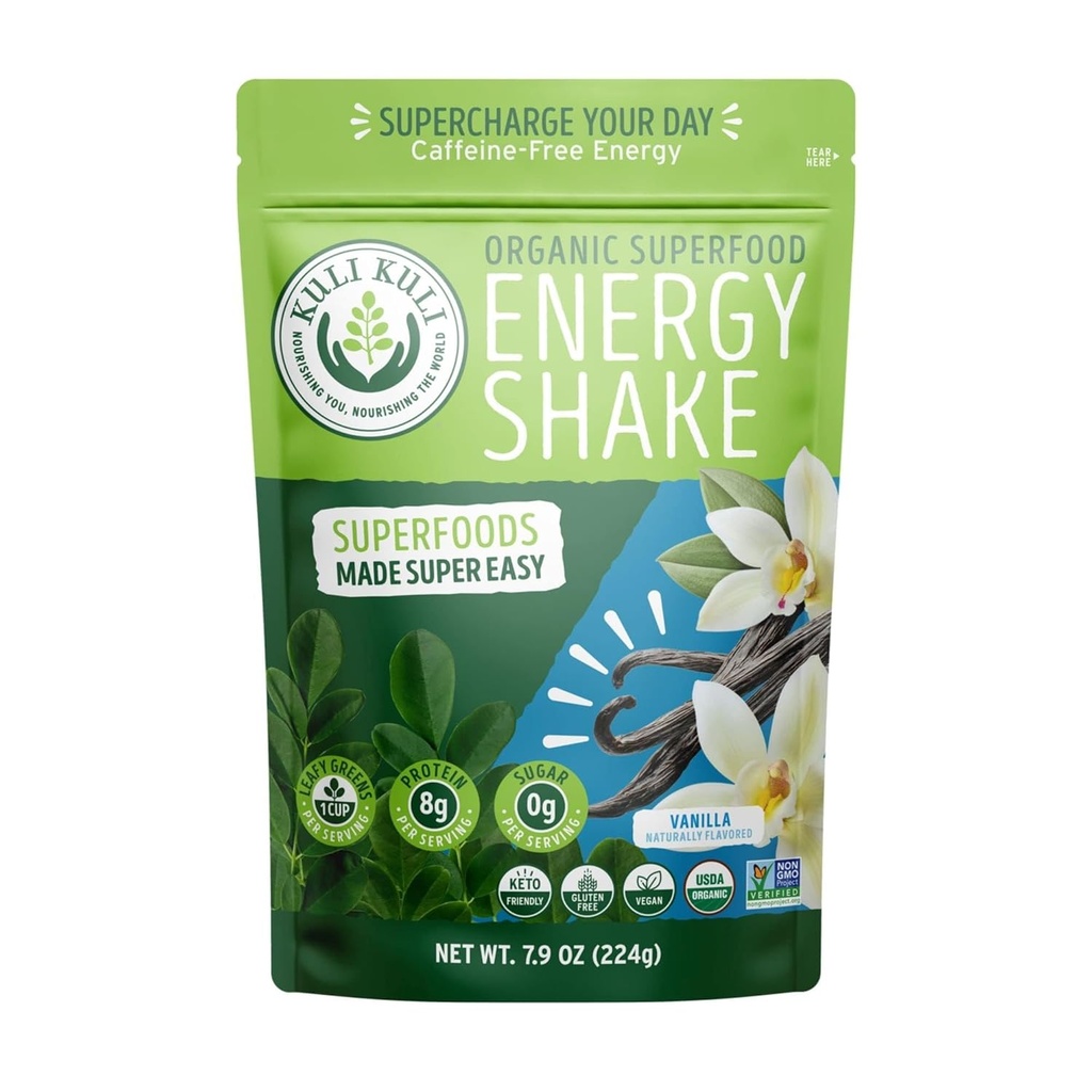 Kuli Kulli Organic Moringa Greens Smoothie Mix - Plant - berbasis Superfood Protein Smoothie Mix, Vanilla, 7.9 Ounce Pouch, Vegan, dan Gluten- Bebas dengan 8g Pea Protein dan 1 Cup Greens Per Serving