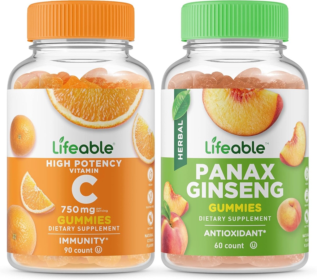 Lifeable Vitamin C 750mg + Panax Ginseng, Gummies Bundle - Tasting Besar, Tambahan Vitamin, Gluten Bebas, GMO Bebas, Gummy Chewable
