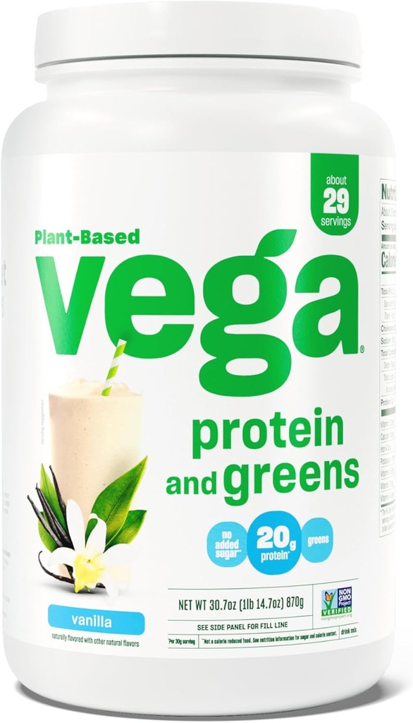 Vega Protein dan Hijau Powder Protein, Vanilla - 20g Tanaman berbasis Protein Plus Vegan, Non GMO, Pea Protein untuk Perempuan dan Pria, 1.9lbs