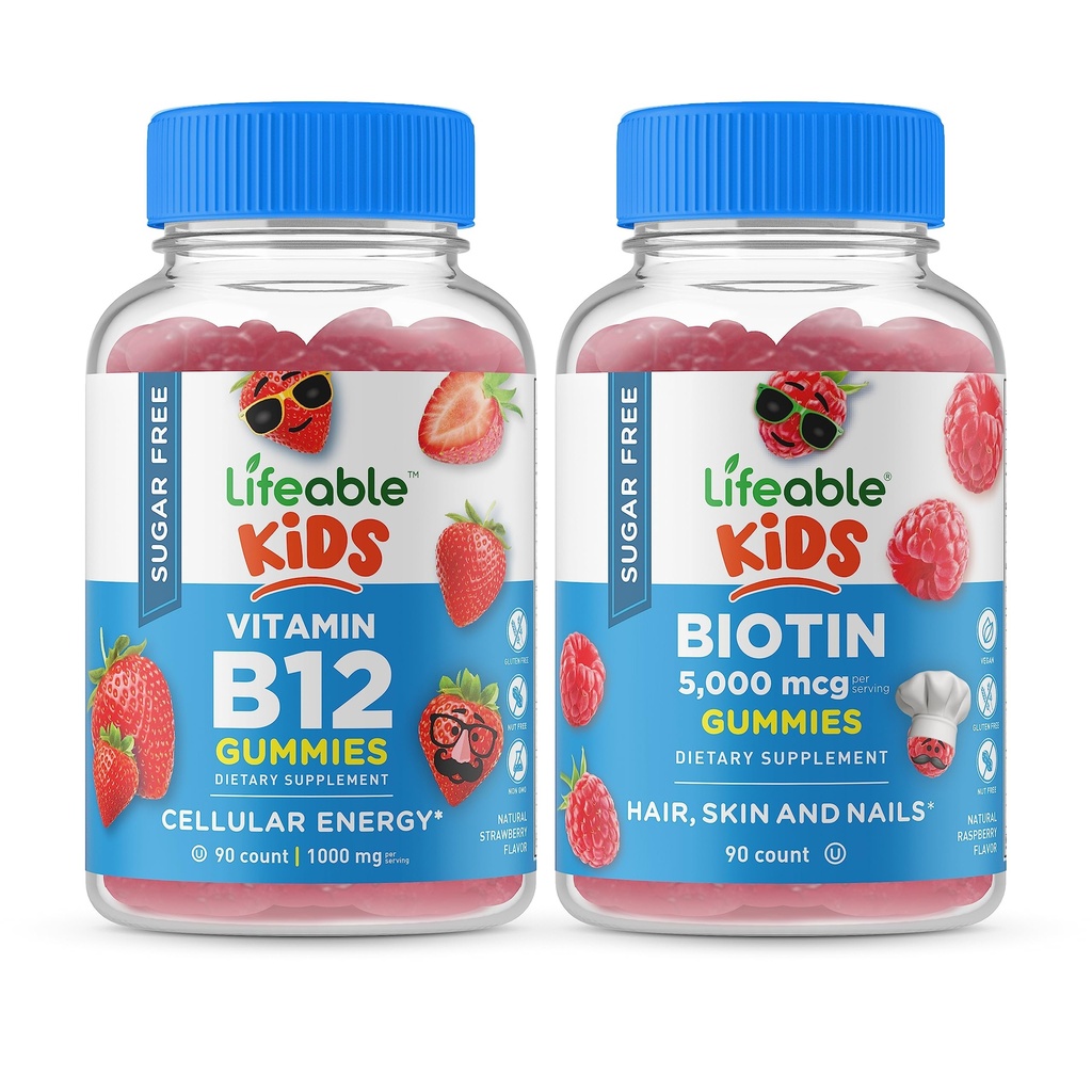 Lifeable Sugar Free Vitamin B12 Kids + Preciotic Fiber Kids, Gummies Bundle - Great Tasting, Vitamin Suplemen, Gluten Free, GMO Gratis, Gummy Chewable
