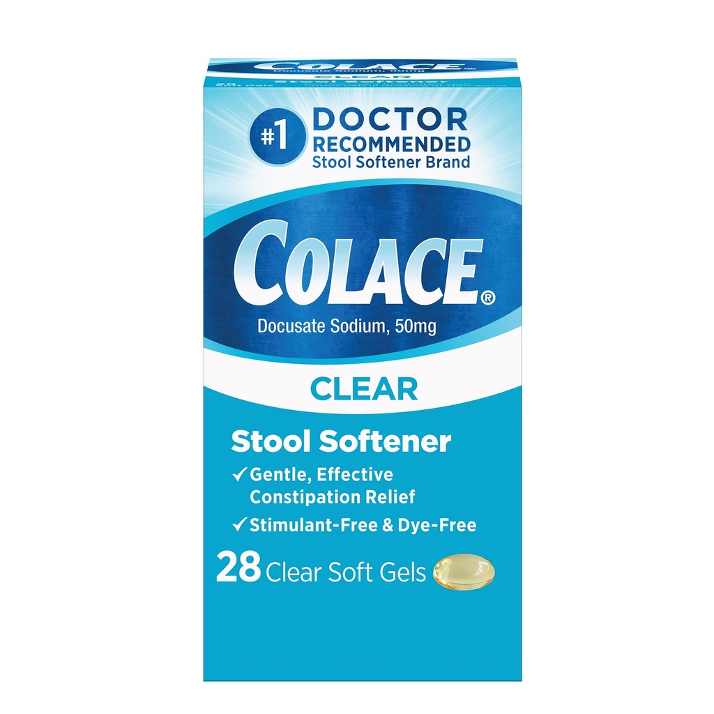 Colace Clear Stool Softtener Soft Gel Capsules Constipation Relief 50mg Docucate Sodium Doctor Rekomendaded 28ct