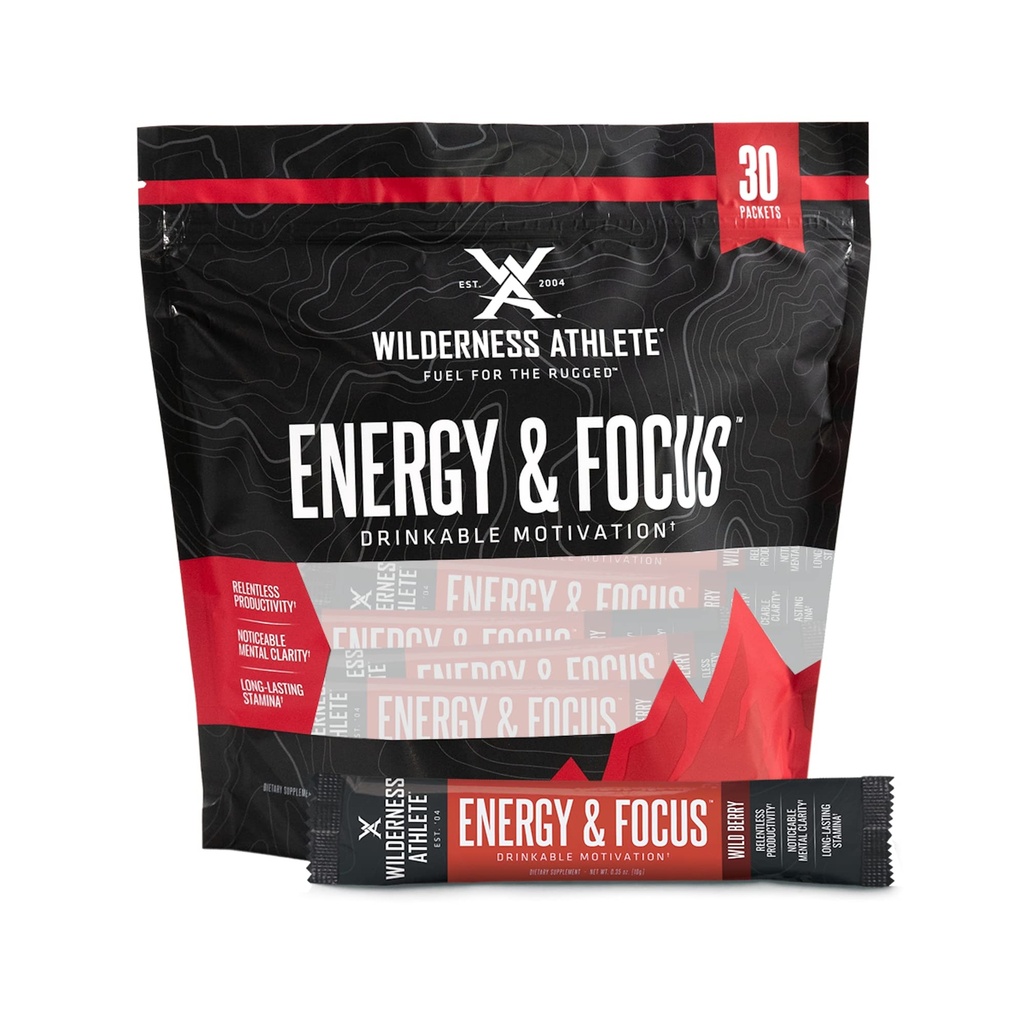 Wilderness Athlete - Energy & Focus 124; Energy Booster for Women & Men - Energy Drum Mix with Natural Caffeine - Lower - Carb, Zero Sugar Energy Drinder - 30 Serving Energy Drink (Wild Berry)