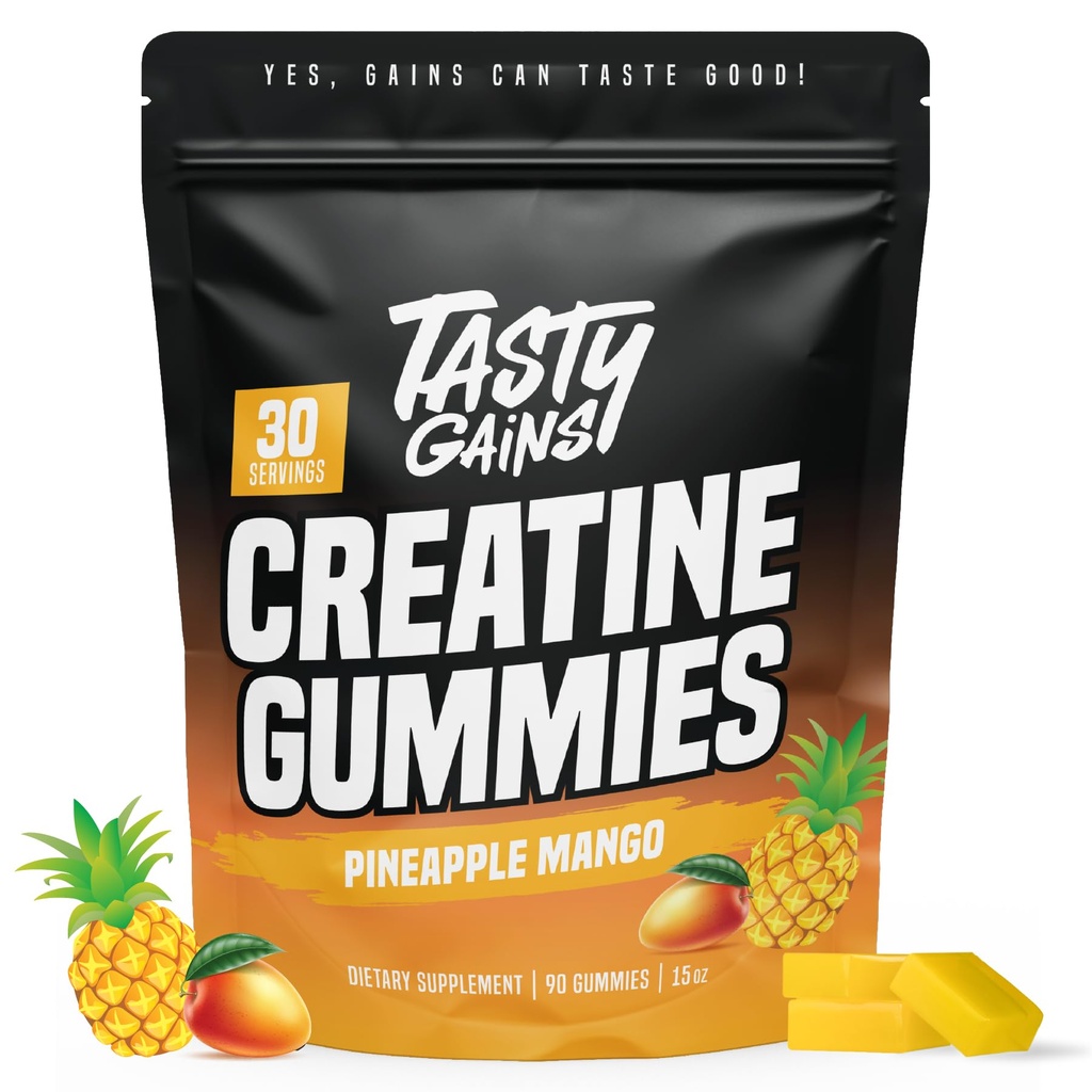 TastY GAINS Creatine Gummies - 90g dari Creatine Monohydrate - Persediaan Kerja - Bangun Muscle & Boost Kekuatan untuk Pria & Perempuan - Dibuat di AS - Non GMO - Vegan Friendly (Large, Pineapple Mangga)