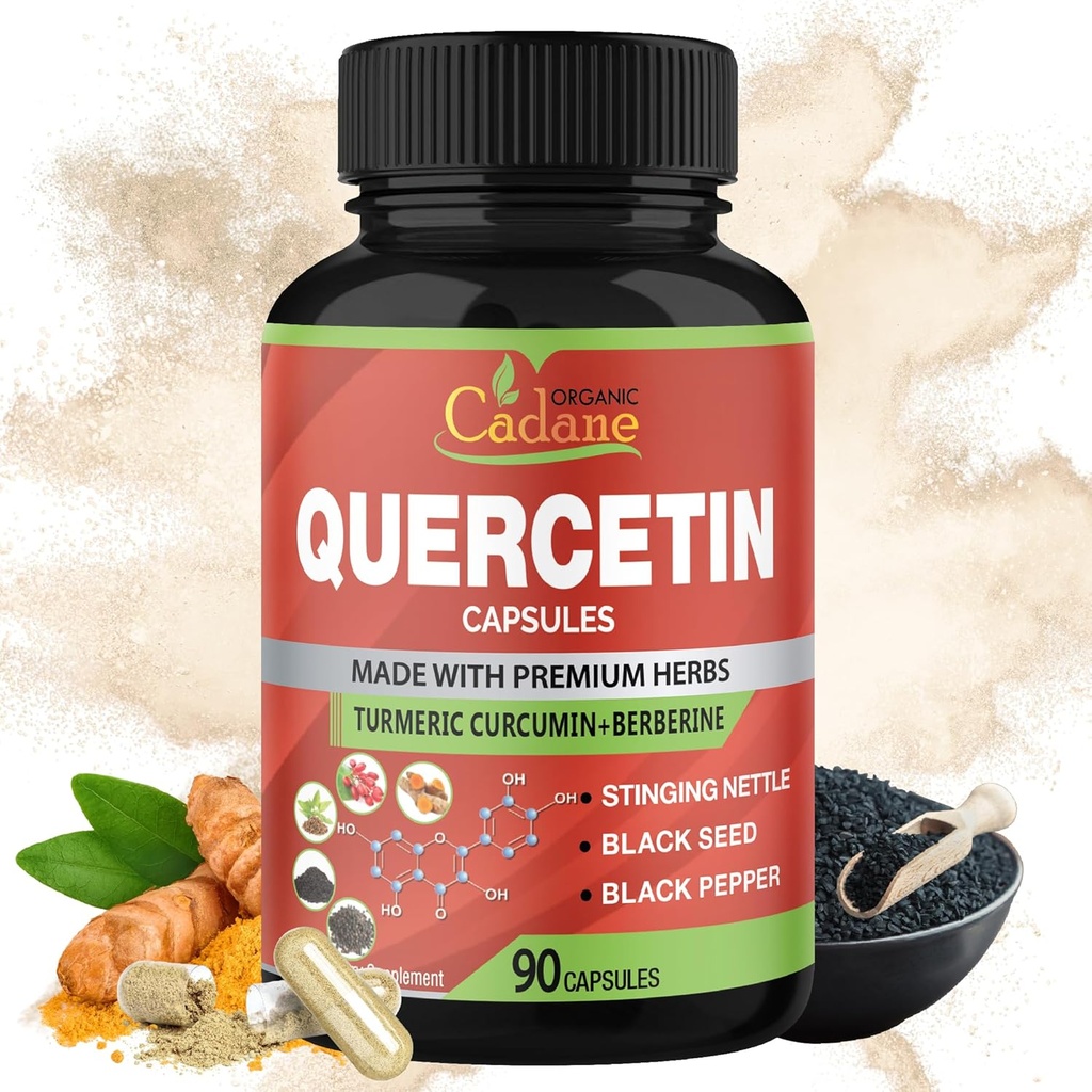 Kalane Cadane Quercetin Extract Capsules, 90kapsul, 3 Bulan Supply dengan Quercetin, Turmeric Curcumin, Berberine, Nettle, Powder Benih Hitam, Black Pepper.