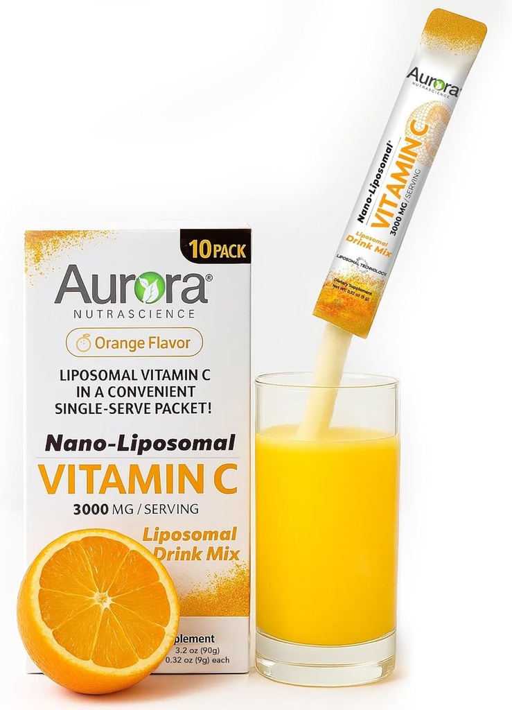 Aurora Nutrascience Nano- Pack Lipomal Vitamin C Powder Minum Mix, Imune Dukungan, Kekuatan Tinggi 3.000 mg Per Melayani 10 Paket Servis Tunggal, Orange