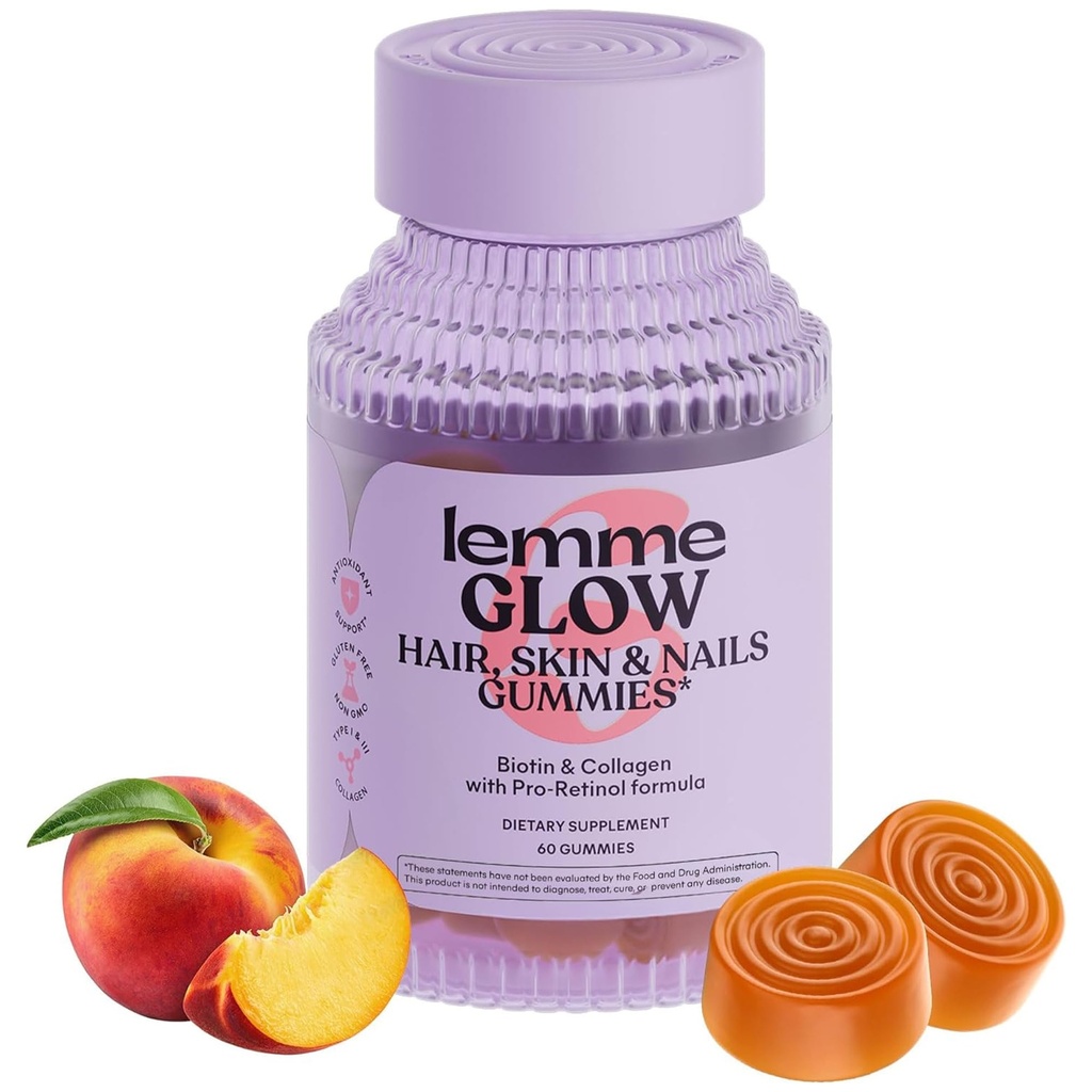 Lemme Glow Collagen Gummies for Thick Hair, Strong Nails & Healthy Skin with Multiten Collagen Peptides, Biotin, Trace Mineces, Zinc, Vitamin A, C & E, Dairy & Gluten Free, Peach Flavor, 60 ct.