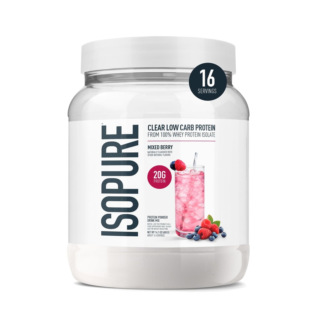 Isopure Clear Whey Isolate Protein Powder, Laktosa Free, Gluten Free, Alamic Flavored, Mixed Berry, 20g Protein Per Serving, 14.1 Oz, 16 Servings (Packaging May Wary)