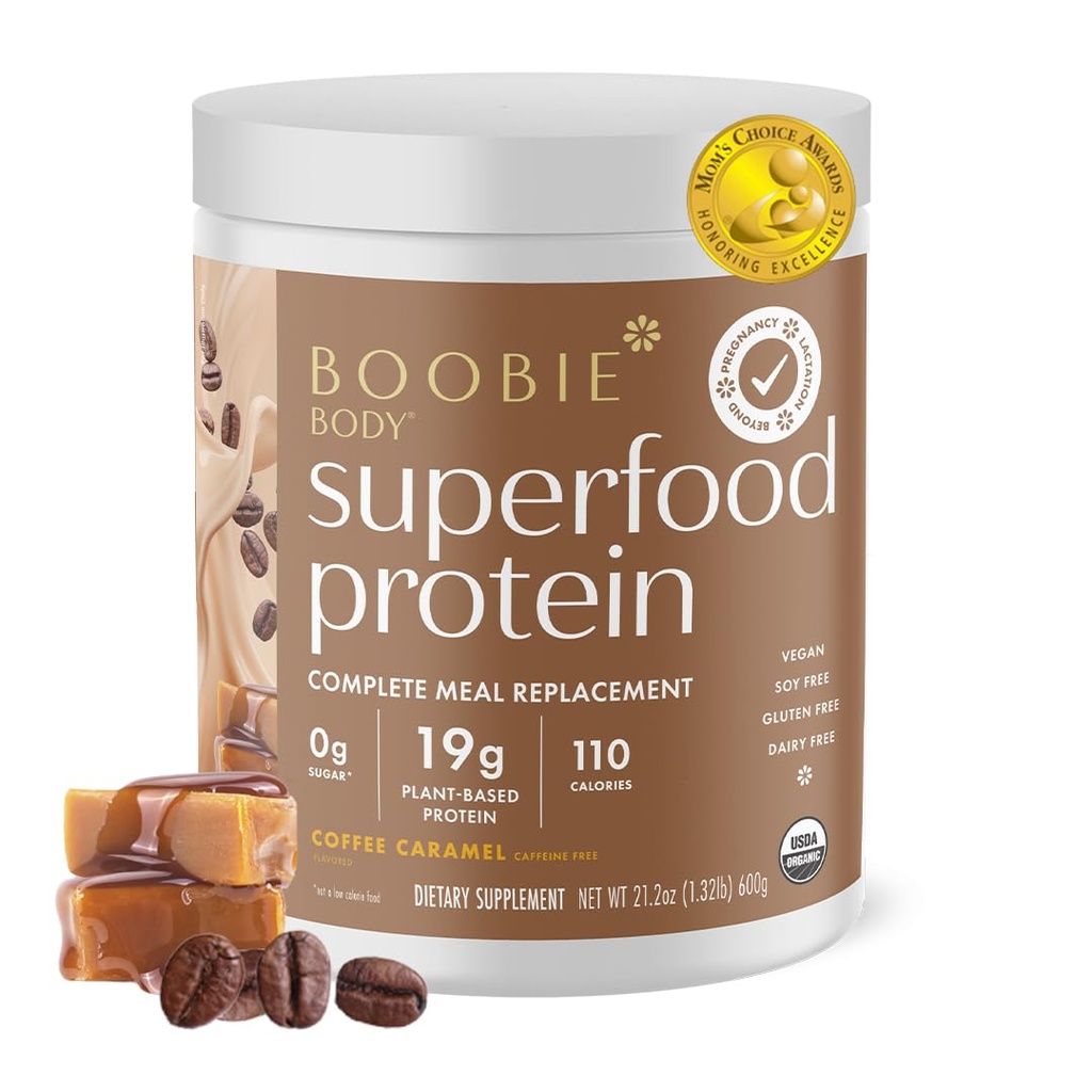 Bobbie Body Superfood Protein Pregnancy and Postpartum Meal Replacement Shake, Coffee Caramel Flavor 14; 19g Protein 124; Safe for Lactation & Motherhood 124; Organik, Vegan, Zero Sugar, 1 Tub (20 Pelayan)