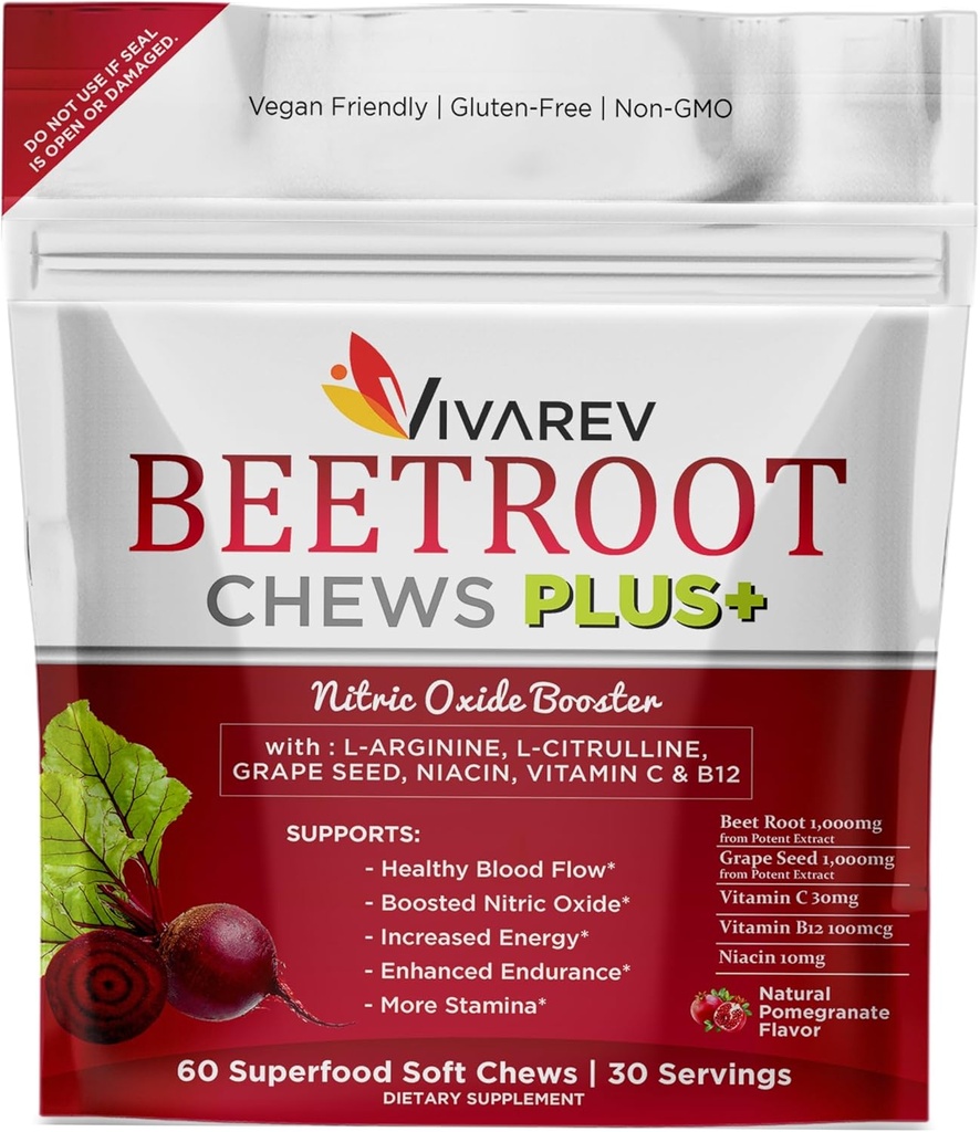 Beetroot Nitric Oxide Suplement - 100mg Beet Powder dengan L Arginine, L Citrulline, Grape Ease, Niacin C & B12 - Beet Chews - Kembang 60