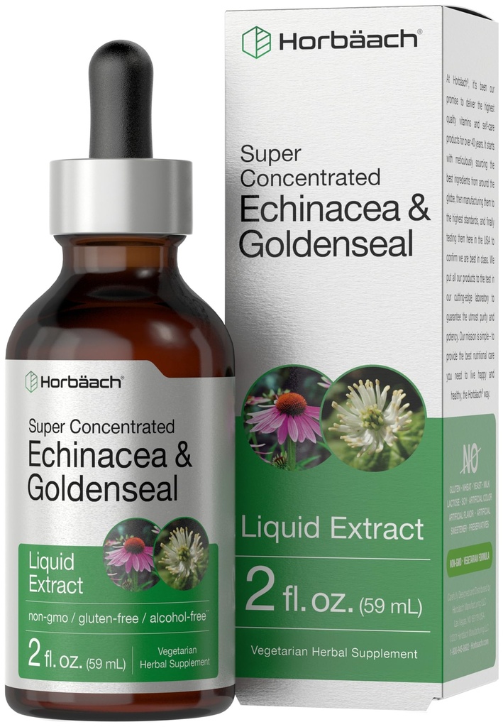 Horbäach Echinacea Goldenseal Liquid Taincture Drops 124; 2 quid oz 124; Extract Bebas Alkohol 124; Vegetarian, Non- GMO, Gluten Free Suplemen