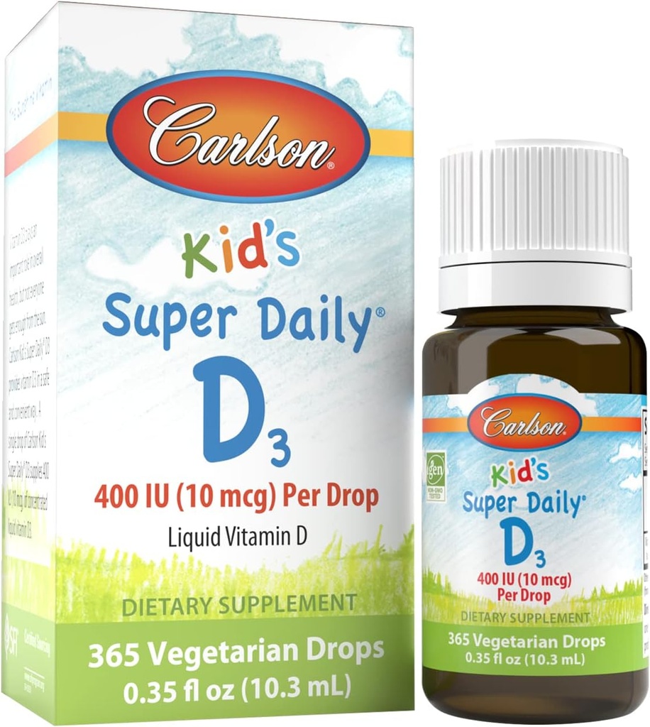 Carlson - Kid Super Daily D3, Kids Vitamin D Drops, 400 IU (10 mcg) per Drop, Heart Health, Dukungan Imune, Vegetarian, Vitamin D Drops, Unflashted, 365 Drops