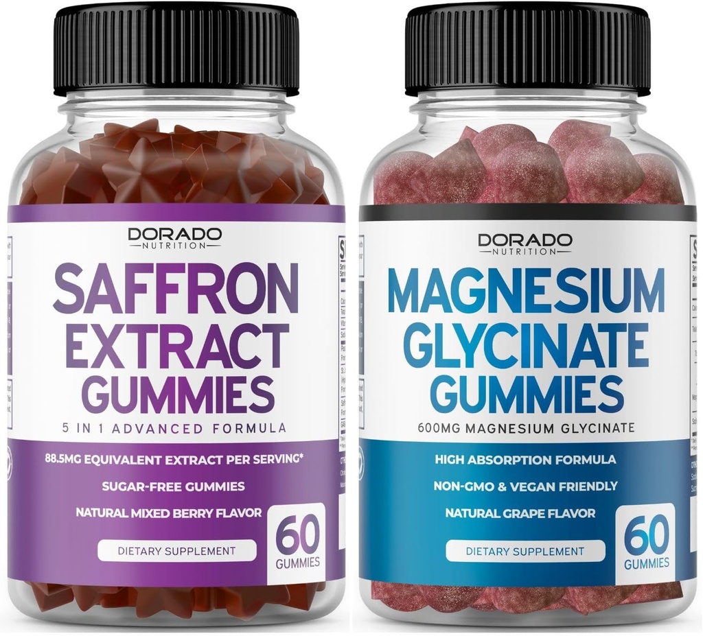 Suplemen Saffron (60 Gummies) 5 dari 1 Formula Gula Bebas Gummy - Delicious Raspberry Flavor dan Magnesium Glycinate (60 Count) Pure Glycinate Gummy untuk Dewasa - Non-GMO, Vegan & USA