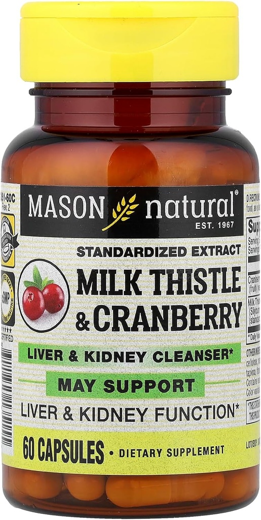 Mason Vitamin Milk Thistle / Cranberry Liver dan Kidney Cleanser Capsules, 60 Count