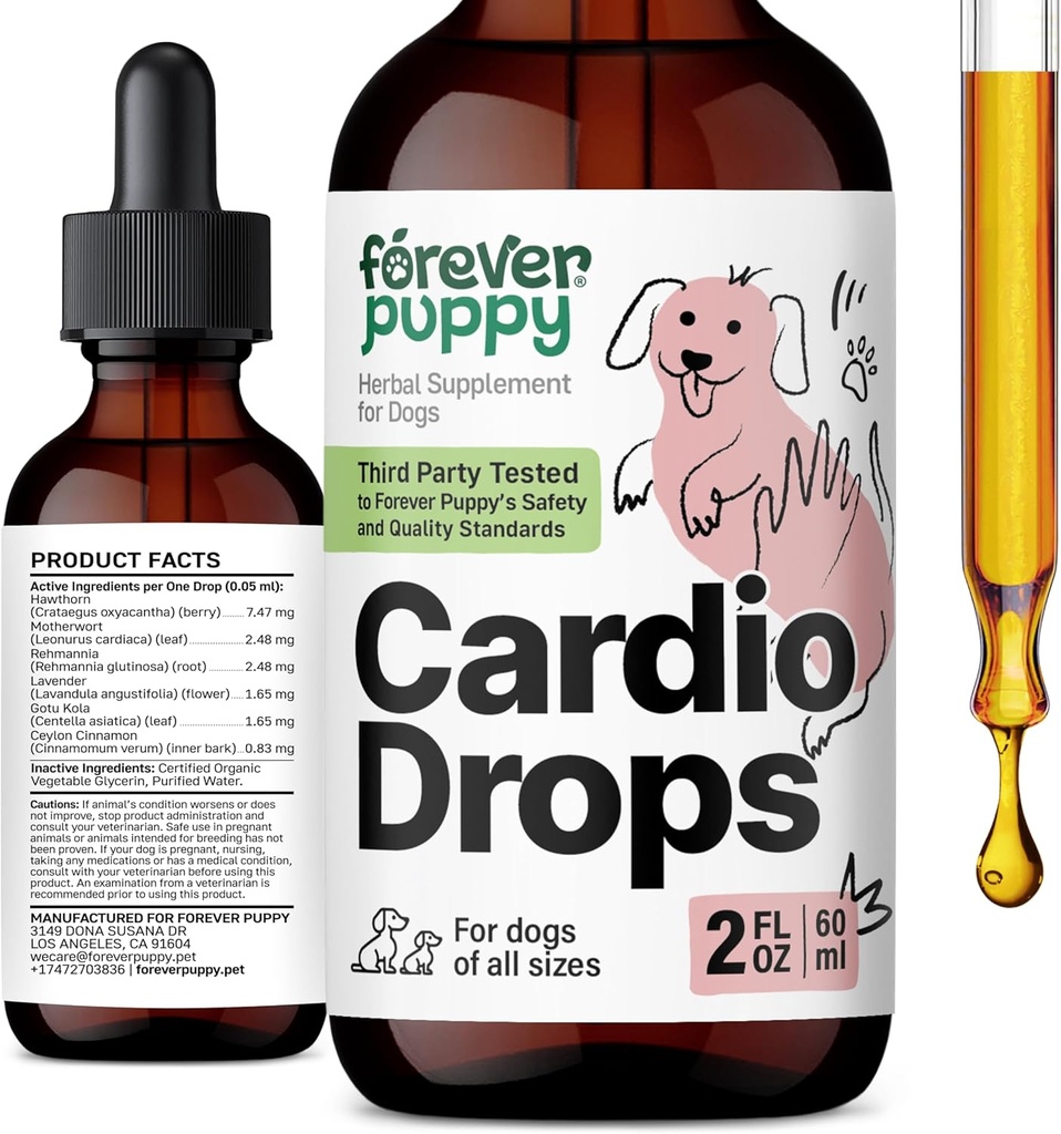 Forever Puppy Cardio Drops for Dogs - Hawthorn Berry & Mothert Herb - Liquid Antioksidant Suplemen Gotu Kola Leaves & Lavender Extract - 2 fl oz