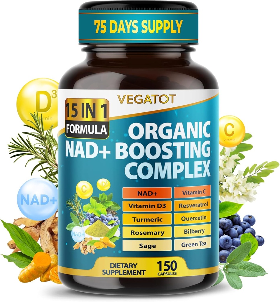 VEGATOT NAD + Boosting Kompleks - NAD Suplemen untuk Perempuan & Pria 15 -1 Formula-1 dengan Resveratrol Turmeric Quercetin Rosemary Bilberry Sage Green Tea