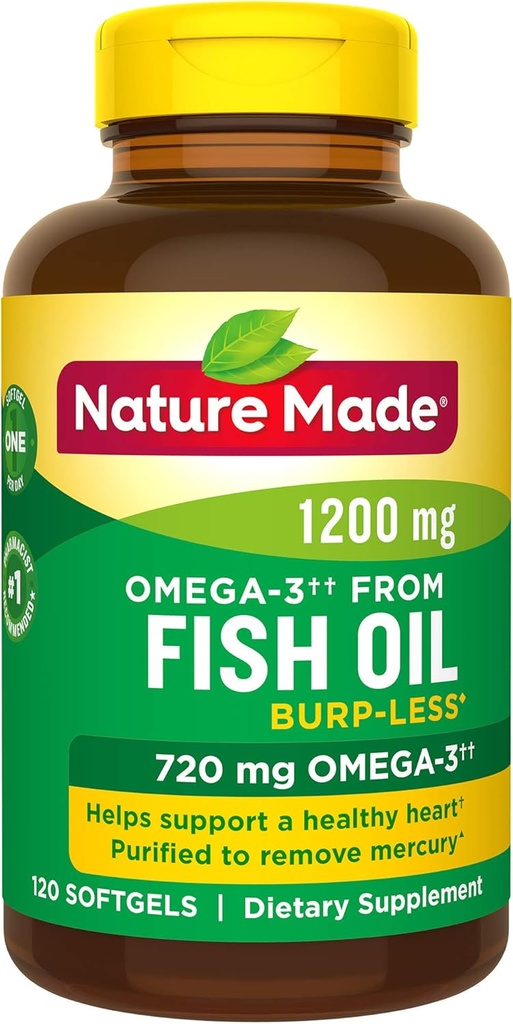 Burp- Kurang Minyak Ikan 1200 mg Satu Per Hari, 120 Softgels, Persediaan Minyak Ikan Omega 3 Untuk Kesehatan Hati